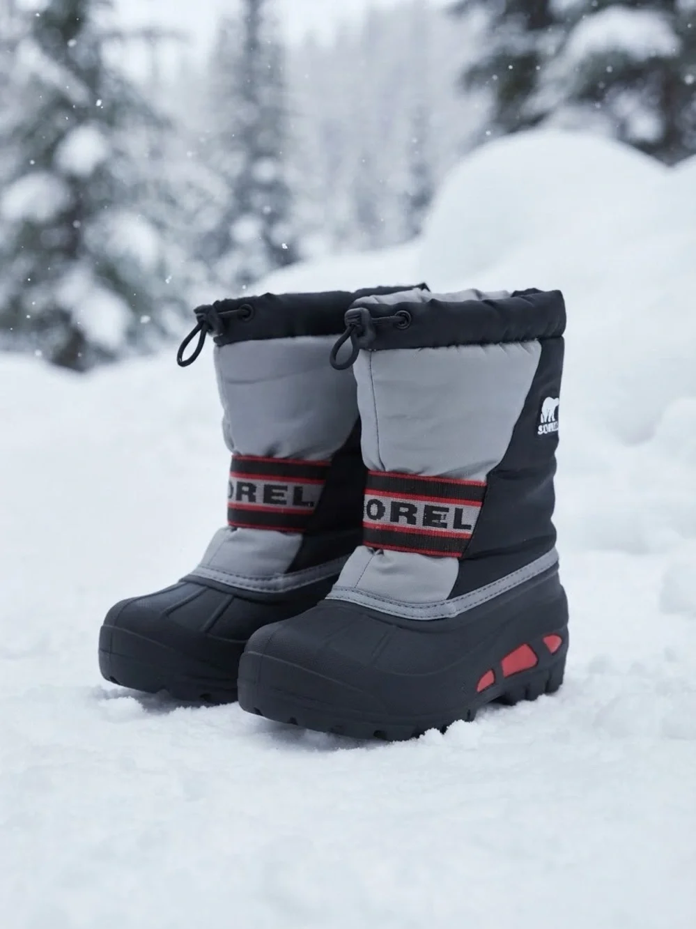 Sorel Youth Grey and Red Cub Insulated Snow Boots Size 8